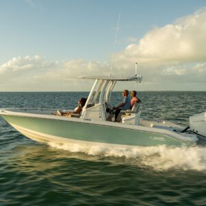 Boston Whaler 250 Dauntless navegando en el mar.