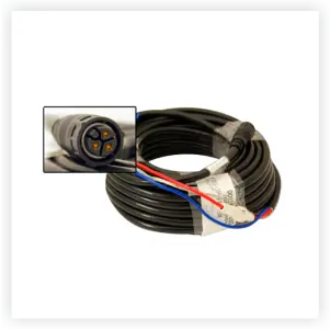 Rollo de cable negro con conexión de multi-pin resistente al agua, ideal para equipos náuticos.